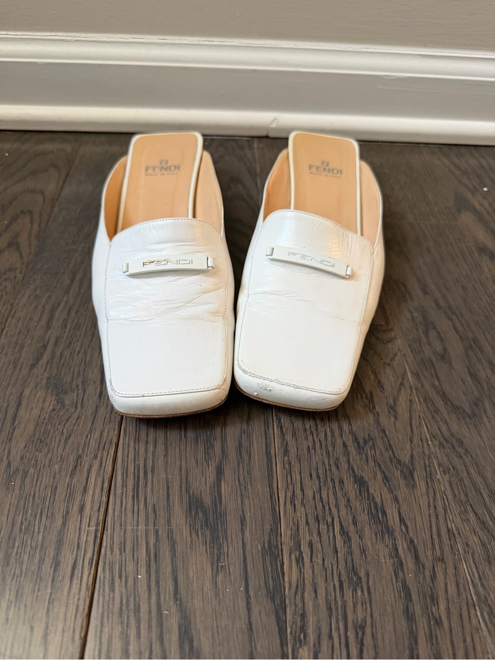 Fendi White Leather Square-Toe Slip-On Mules